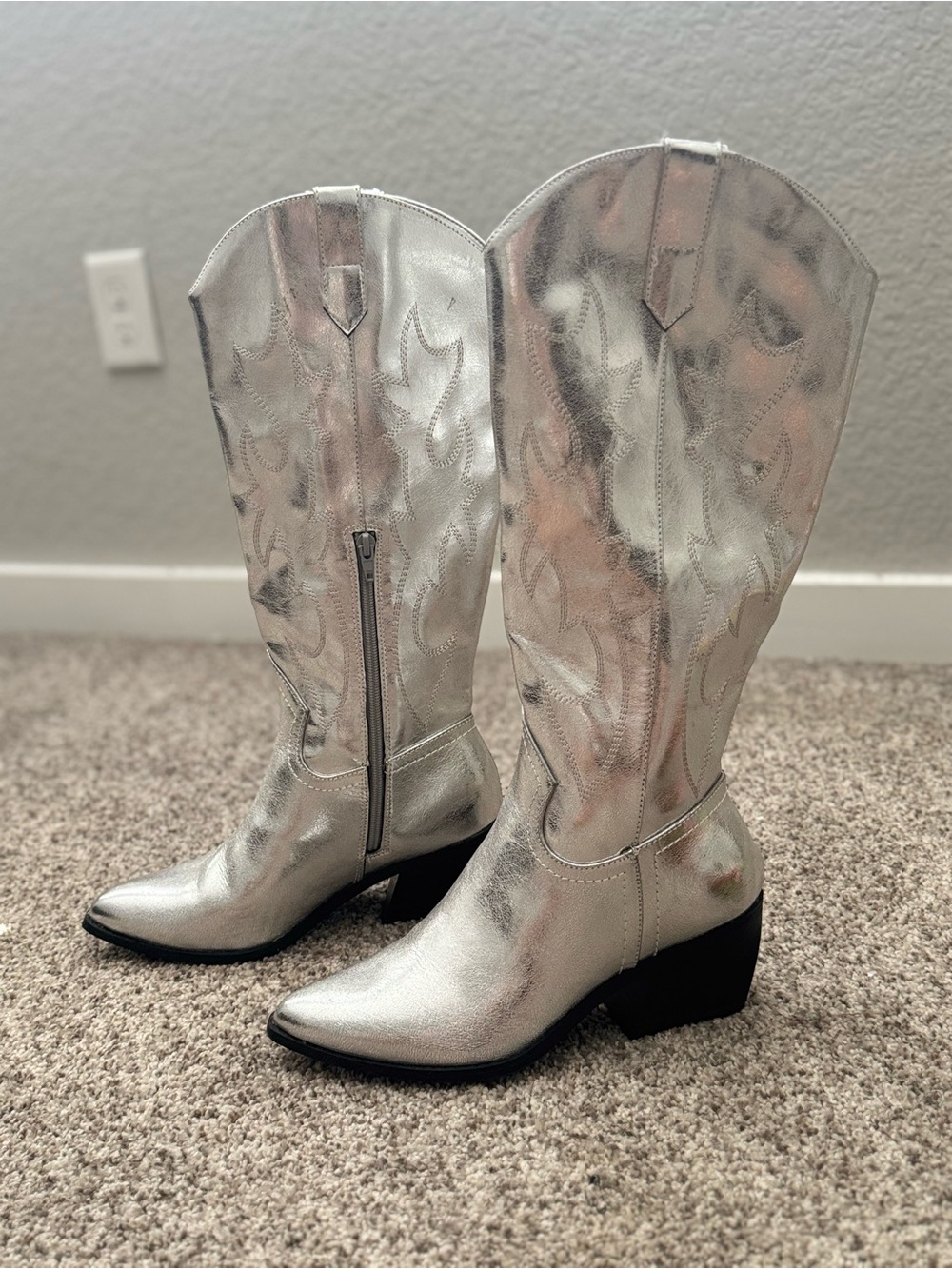 Metallic Silver Western Knee-High Boots